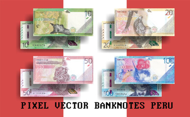 Vector pixel mosaic set of banknotes of Peru. Bills of 10, 20, 50 and 100 Peruvian sols. Flyers or play money. - obrazy, fototapety, plakaty