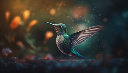 Obraz premium Hovering hummingbird spreads iridescent wings, pollinating flowers in mid air generated by AI