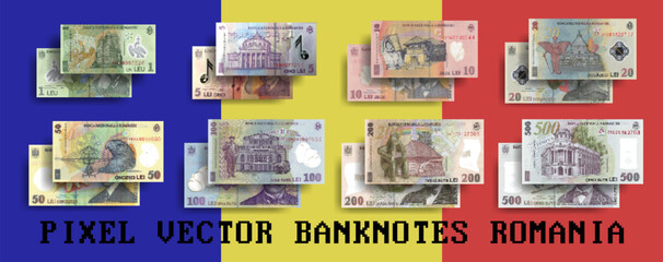 Vector pixel mosaic set of Romanian plastic banknotes. The denomination of banknotes is 1, 5, 10, 20, 50, 100, 200 and 500 Romanian lei. Flyers or play money.