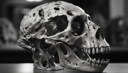 Obraz premium Spooky still life of ancient animal skull and human bone generated by AI