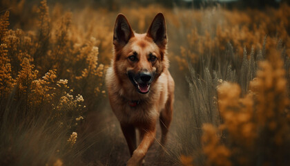 Purebred German Shepherd puppy playing in meadow with furry friend generated by AI