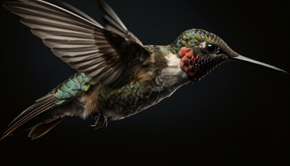 Fototapeta premium Hovering rufous hummingbird flapping iridescent wings in nature aviary generated by AI