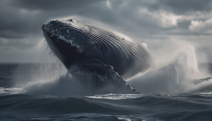 Majestic humpback breaches, spraying seascape with monochrome beauty generated by AI