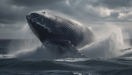Fototapeta premium Majestic humpback breaches, spraying seascape with monochrome beauty generated by AI