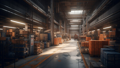 Fototapeta premium Large group of crates stacked in rows inside distribution warehouse generated by AI