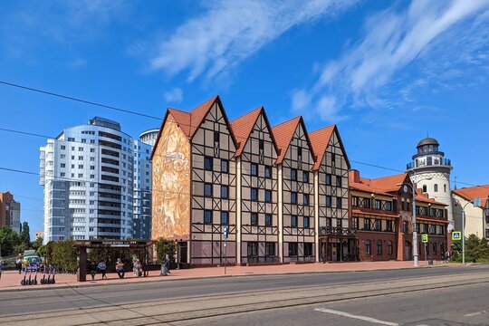 Kaliningrad, Kaliningrad Oblast/ Russia - May 29,2023: Beautiful view of Kaliningrad in Russia for tourists. Fish Village on the waterfront.