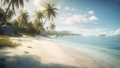 Fototapeta na wymiar Idyllic palm tree sunset, tranquil waters edge, tropical paradise adventure generated by AI