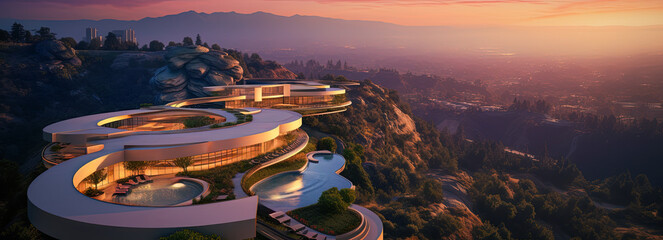 Panoramic illustration of a futuristic mansion compound in the mountains in Los Angeles. The modern architecture is sustainable and environmentally friendly.