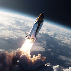Space shuttle rocket launches in the sky and clouds fly into space. Sky and clouds, spaceship flying