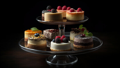 Fresh berry cheesecake with chocolate and whipped cream indulgence generated by AI