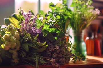 Natural culinary herb collection. Collection of culinary herbs, commonly used in cooking. Generative AI technology.
