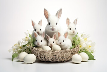 Naklejka na ściany i meble white rabbits family and colorfull easter eggs on isolate white background Generative ai
