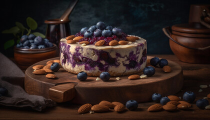 Rustic homemade berry cheesecake on wood plate with almond decoration generated by AI