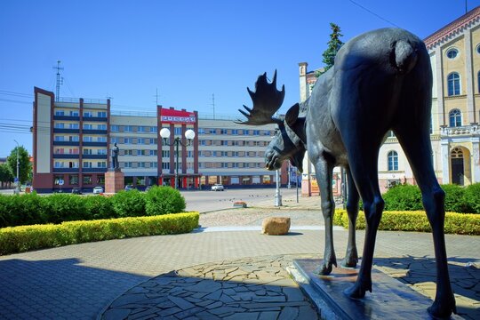 Sovetsk, Kaliningrad Oblast, Russia - July 09,2023: Beautiful view of Sovetsk in Russia for tourists Sculpture of an elk.