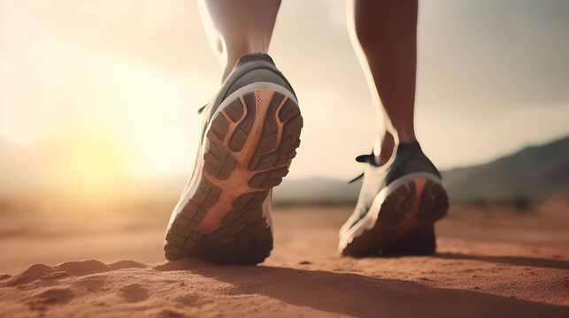 Close up  of feet with running shoes and strong athletic legs of sport man jogging in the trail, facing to the morning sunlight. 