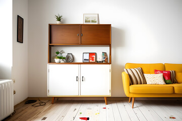 Retro, wooden cupboard and painting in empty living room interior with white walls and copy stand for sofa. Design living room.