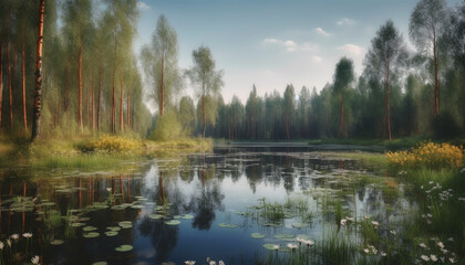 Fototapeta na wymiar Tranquil scene of autumn forest reflected in peaceful pond water generated by AI
