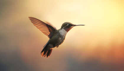 Naklejka premium Rufous hummingbird hovers mid air, spreading iridescent feathers in flight generated by AI
