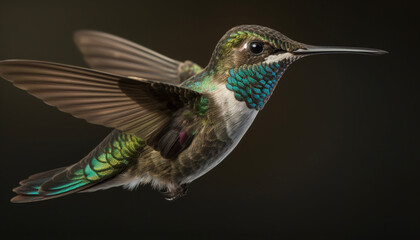 Obraz premium Small iridescent hummingbird hovers mid air, spreading multi colored wings in motion generated by AI