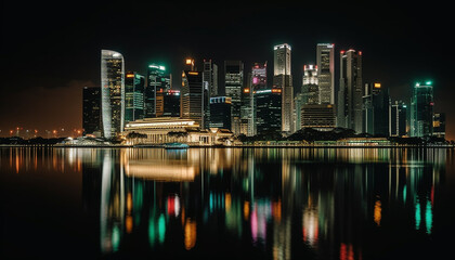 Fototapeta na wymiar Illuminated skyscrapers reflect on the water in vibrant Singapore city generated by AI