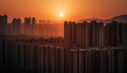 Modern skyscrapers illuminate city skyline at sunset, a futuristic landscape generated by AI