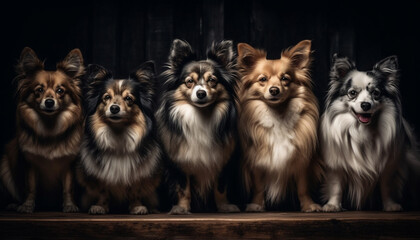 Fototapeta na wymiar Cute purebred puppies sitting in a row, looking at camera generated by AI
