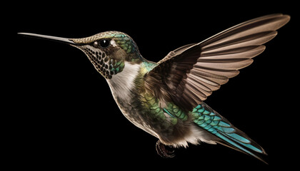 Hummingbird flying in mid air, spreading iridescent wings, hovering majestically generated by AI