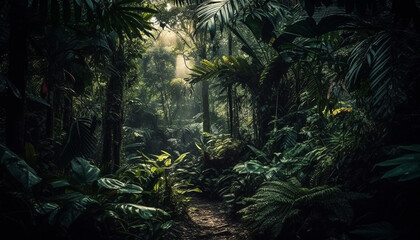 Tropical rainforest adventure lush ferns, palm trees, and tranquil water generated by AI