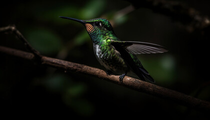 Fototapeta na wymiar Hummingbird perching on branch, iridescent feathers spread, beauty in nature generated by AI