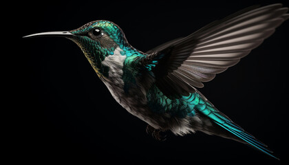 Fototapeta premium Hummingbird hovering mid air, spread wings, iridescent multi colored feathers, beak generated by AI