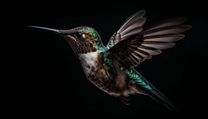 Fototapeta premium Hummingbird hovering mid air, iridescent feathers and spread wings, multi colored beauty generated by AI