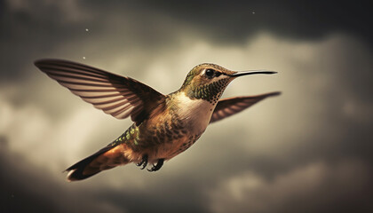 Fototapeta na wymiar Hummingbird hovering mid air, spreading iridescent feathers, flapping wings in motion generated by AI