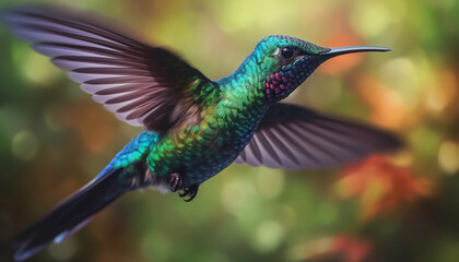 Fototapeta premium Vibrant hummingbird hovers mid air, spreading iridescent wings in motion generated by AI