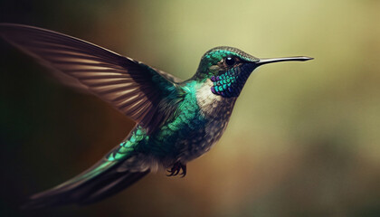 Fototapeta premium Hummingbird hovering, iridescent feather, spread wings, multi colored, pollination beauty generated by AI