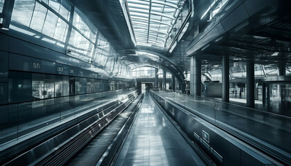 Futuristic transportation corridor with steel escalator and blurred motion generated by AI