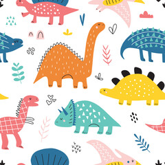 Seamless pattern with cute dinosaurs for kids. Suitable for textile, nursery, wallpaper, wrapping paper, clothes.