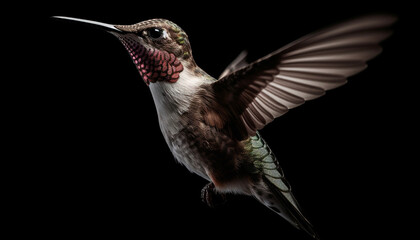 Fototapeta na wymiar Hummingbird flying in mid air, spreading iridescent feathers, hovering and pollinating generated by AI