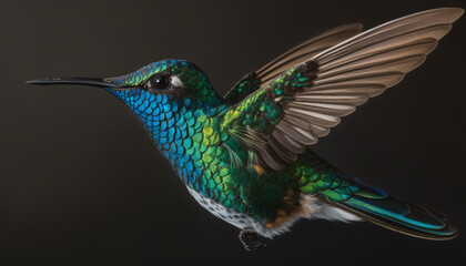 Obraz premium Hummingbird hovering, iridescent feathers, multi colored, spread wings, close up beauty generated by AI