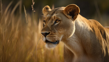 Obraz premium Majestic lioness in the savannah, a portrait of natural beauty generated by AI