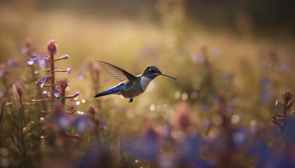 Hovering hummingbird pollinates vibrant flower in tranquil outdoor scene generated by AI