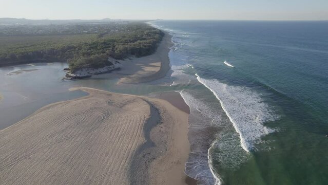 Scenic View of Currimundi Lake and Creek, Sunshine Coast, Queensland, Australia, Aerial Pullback Shot