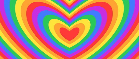 Groovy hypnotic hearts background. Rainbow colors repeating heart design in retro style. Abstract horizontal lgbt pride wallpaper. Vector illustration 