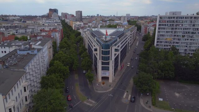 Magic aerial top view flight 
Party Executive Committee city Berlin, Germany Summer day 2023. ascending drone
4K Cinematic.