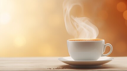 Steaming hot coffee in a white cup .