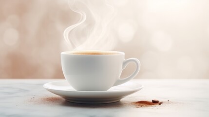Steaming hot coffee in a white cup . - obrazy, fototapety, plakaty