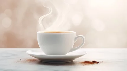 Gordijnen Steaming hot coffee in a white cup . © Mynn Shariff