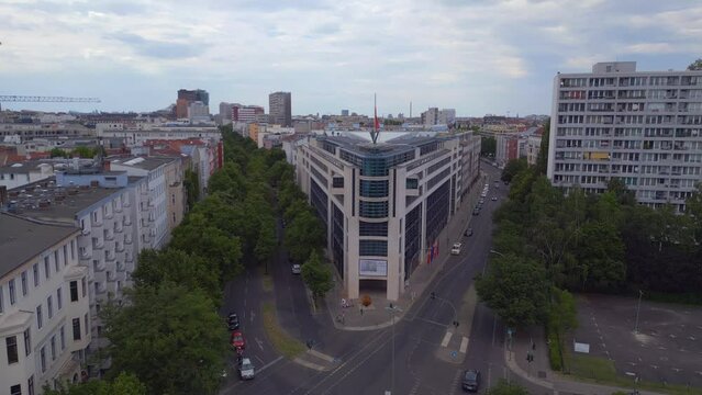 Great aerial top view flight 
Party Executive Committee city Berlin, Germany Summer day 2023. descending drone
4K Cinematic.