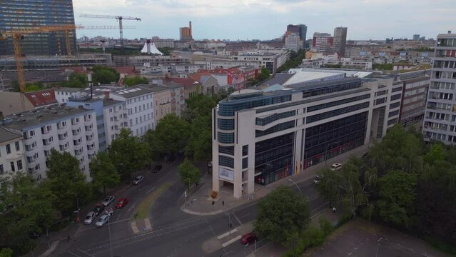 Perfect aerial top view flight
Party Executive Committee city Berlin, Germany Summer day 2023. panorama orbit drone
4K Cinematic.
