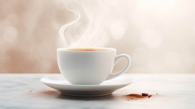 Steaming hot coffee in a white cup .