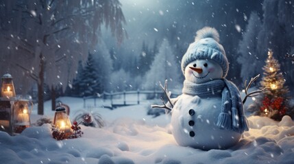 Winter Snowman Backdrop. Snowy Wallpaper Illustration. Generative AI.